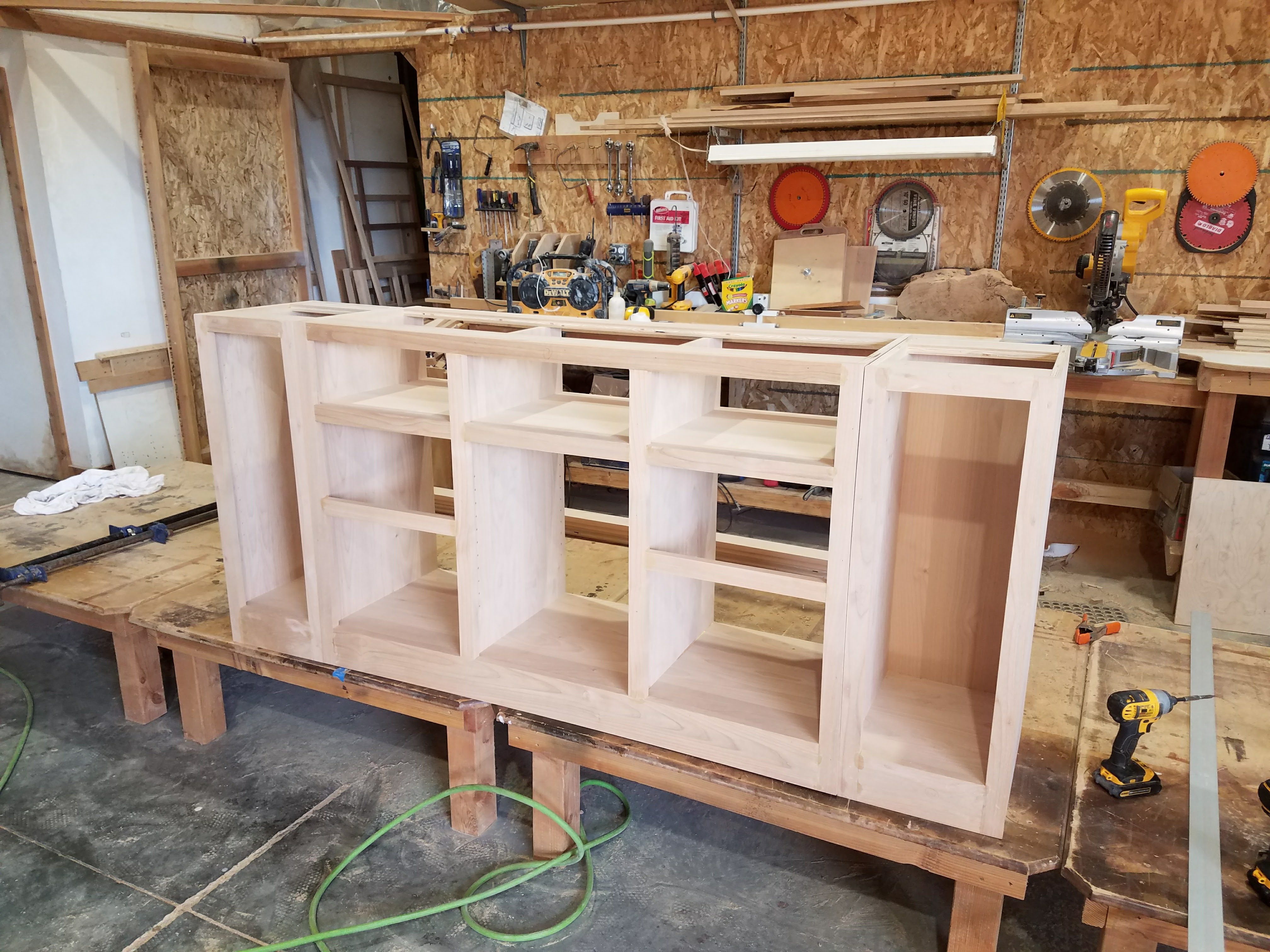 Unfinished cabinet boxes in shop